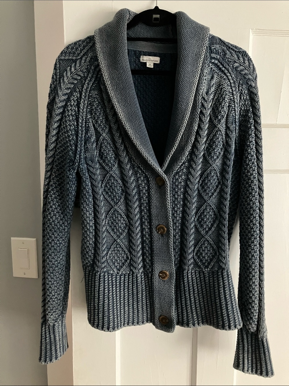 L.L. Bean Women's Cable-Knit Shawl Collar Cardigan - Slate Blue
